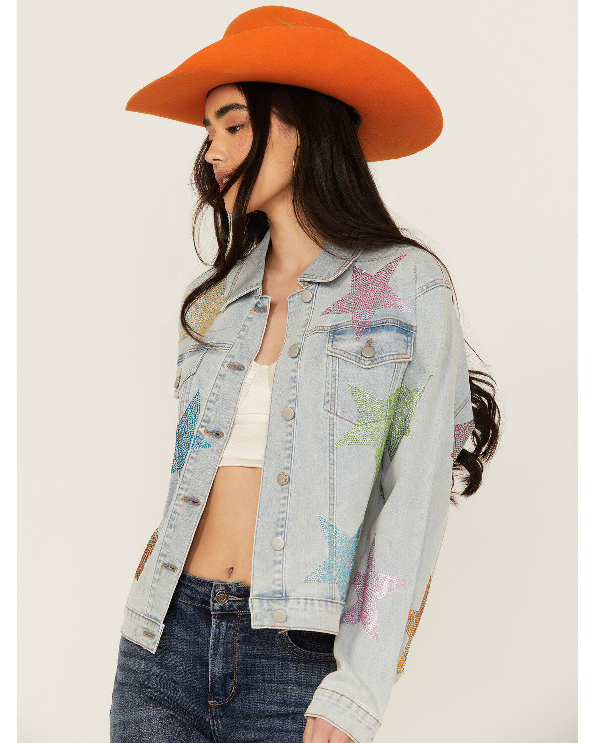 Blue B Women's Light Wash Rhinestone Embellished Denim Jacket