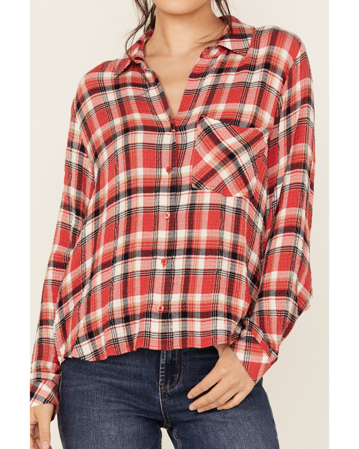 Beyond The Radar Women's Plaid Print Long Sleeve Button-Down Western Shirt