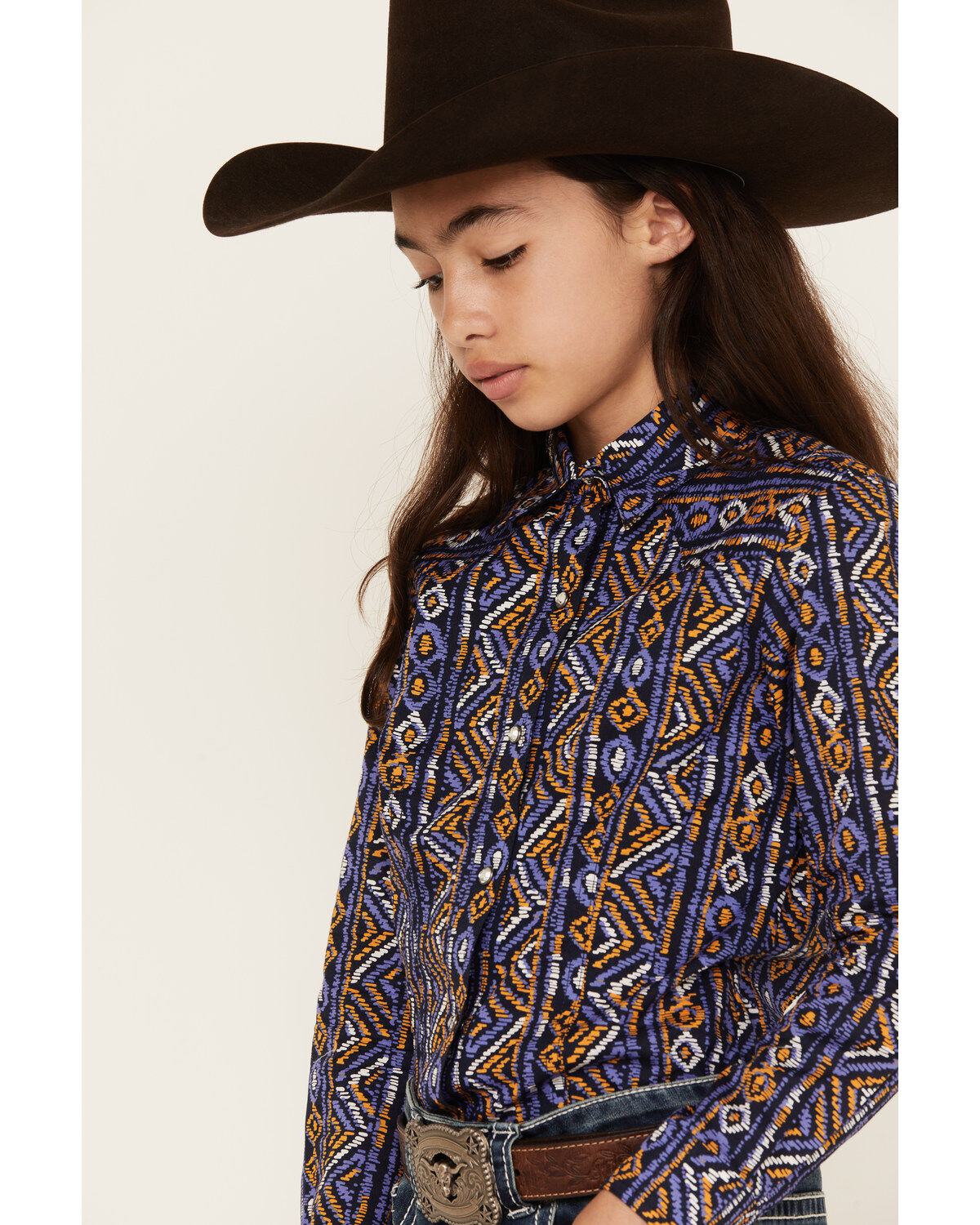 Cruel Girl Girls' Southwestern Stripe Print Long Sleeve Snap Western Shirt