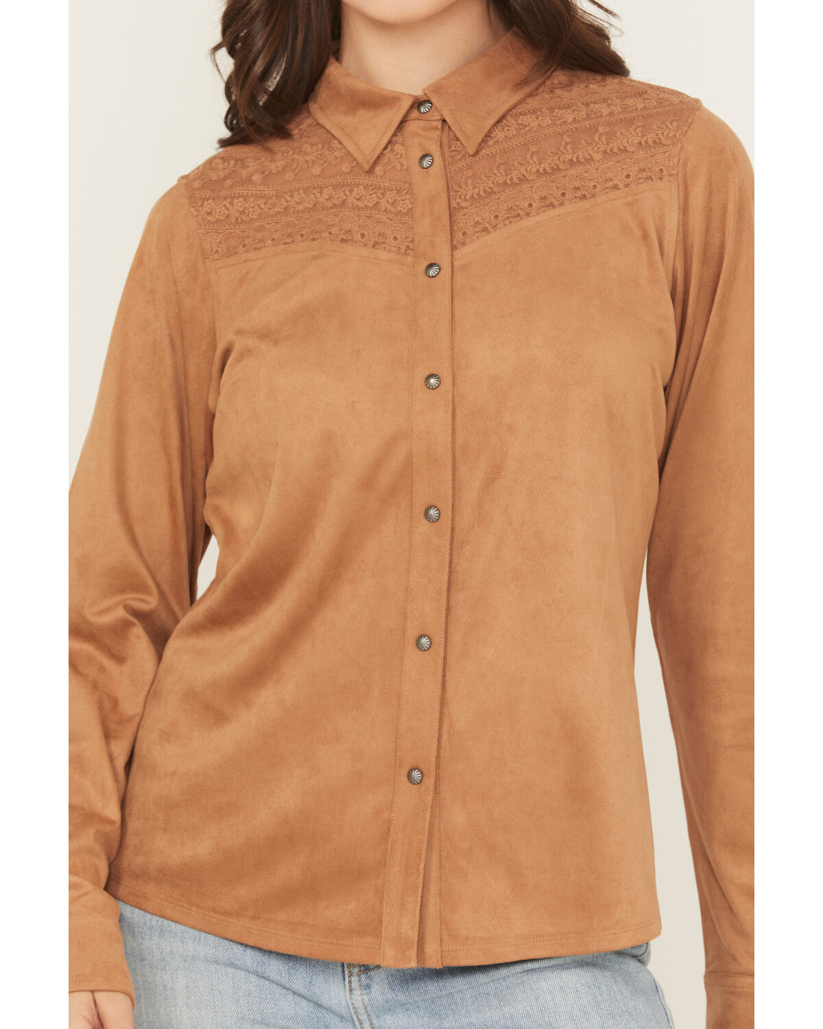 Shyanne Women's Faux Suede Lace Yoke Long Sleeve Button-Down Western Shirt