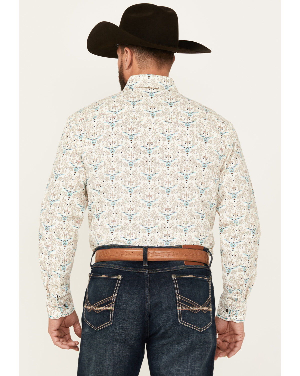 Rough Stock by Panhandle Men's Steer Head Print Long Sleeve Pearl Snap Western Shirt
