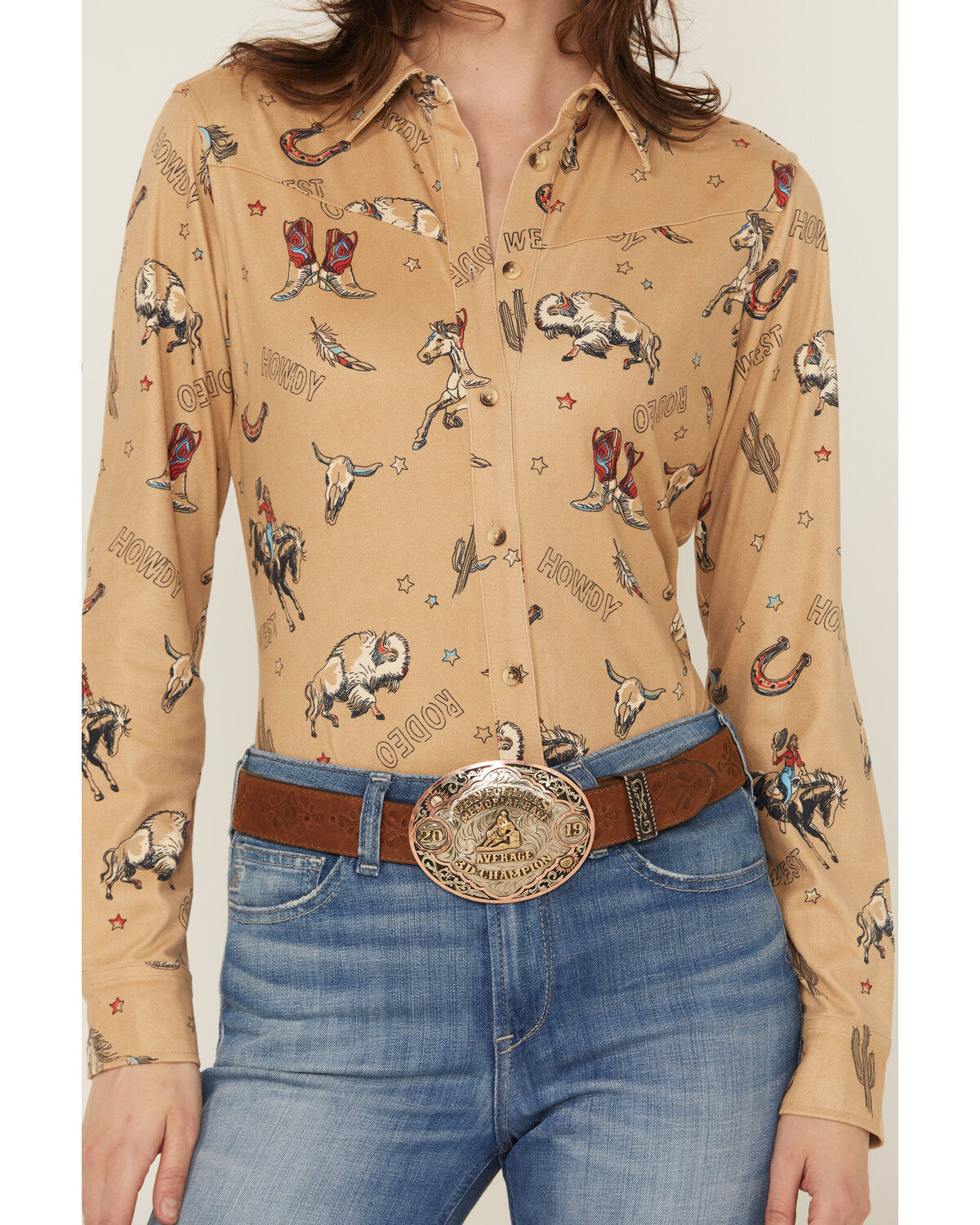 Shyanne Women's Conversational Western Print Faux Suede Long Sleeve Button-Down Western Shirt