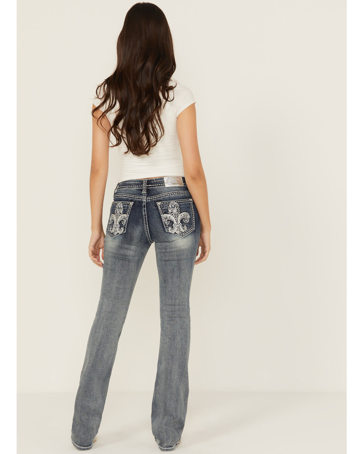 Grace In LA Women's Medium Wash Fleur De Lis Embroidered Mid Rise Bootcut Stretch Denim Jeans