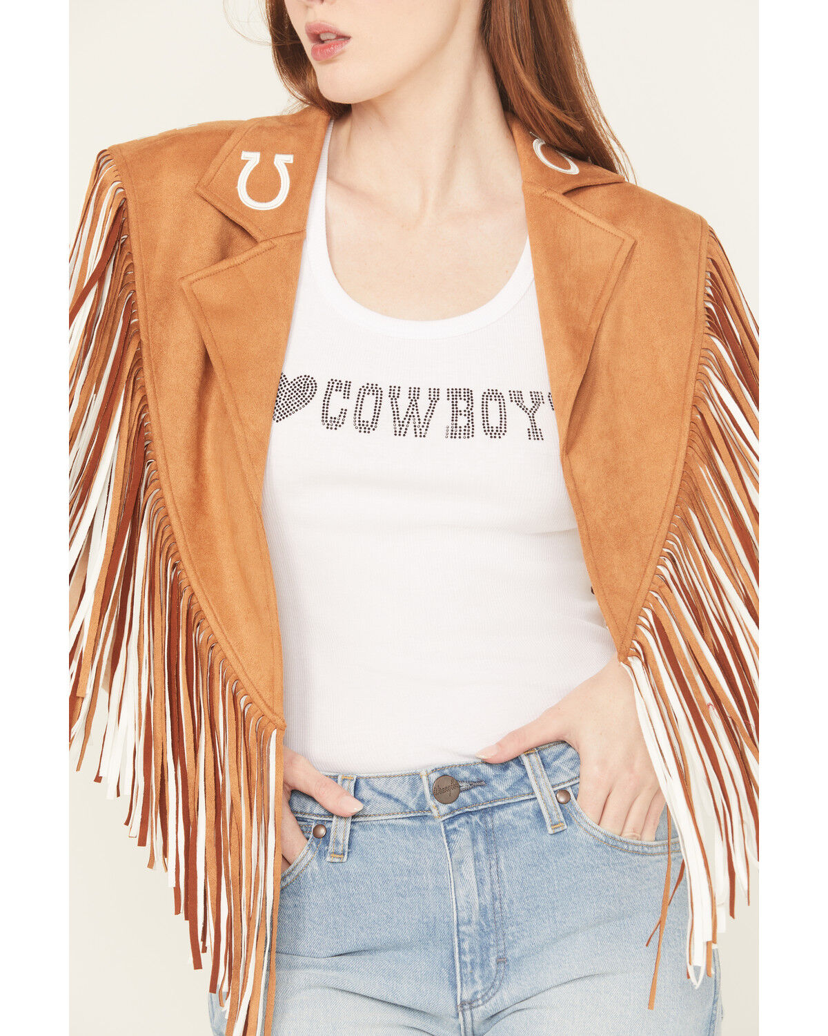 Saints & Hearts Women's Faux Suede Horseshoe Fringe Cape