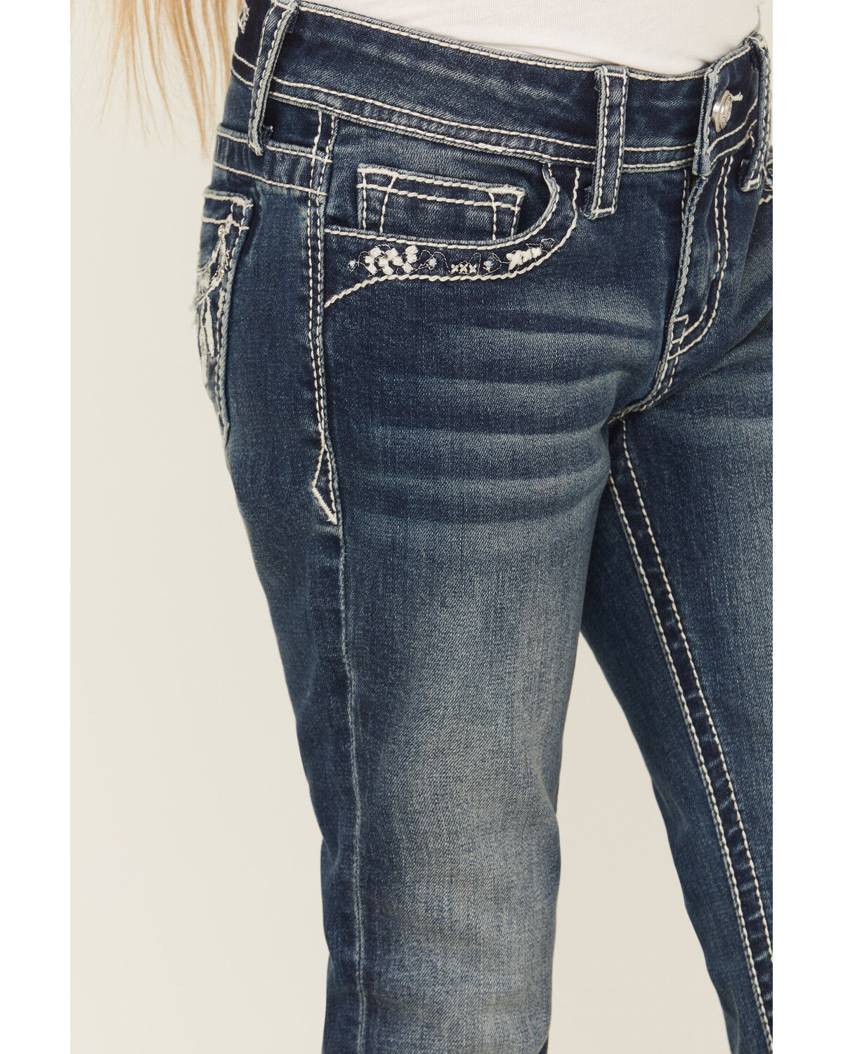 Grace in LA Girls' Dark Wash Steer Head Pocket Bootcut Denim Jeans