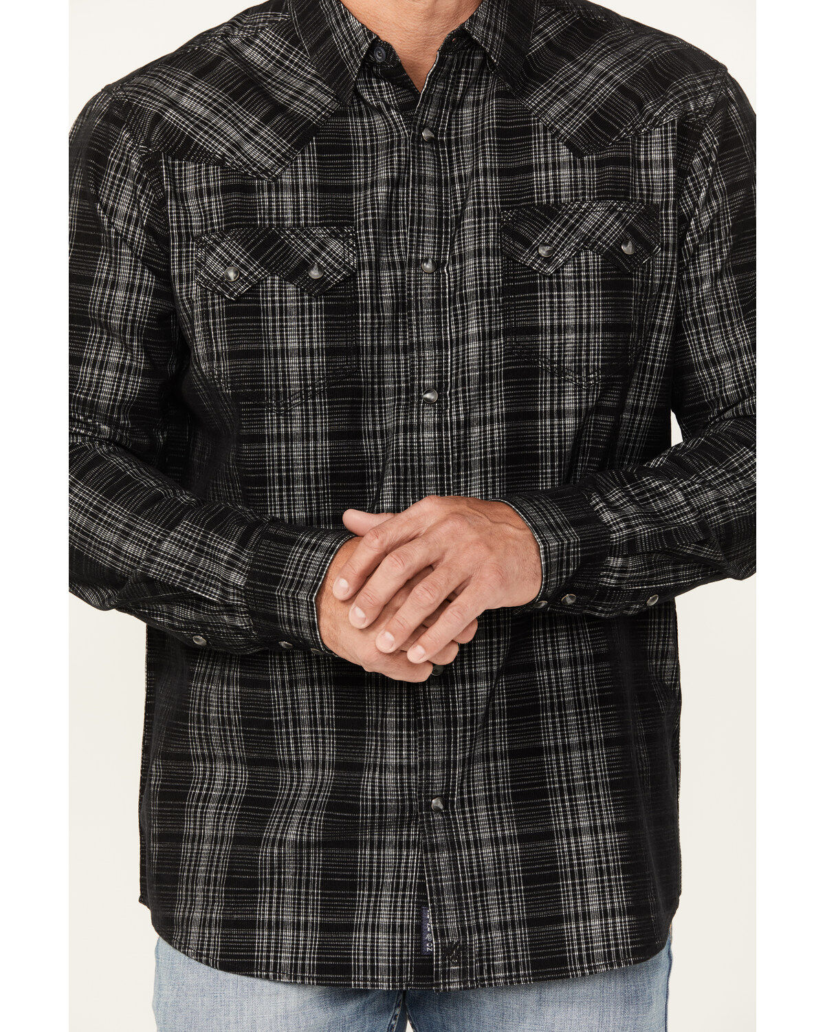 Moonshine Spirit Men's Black Jack Plaid Print Long Sleeve Snap Western Shirt