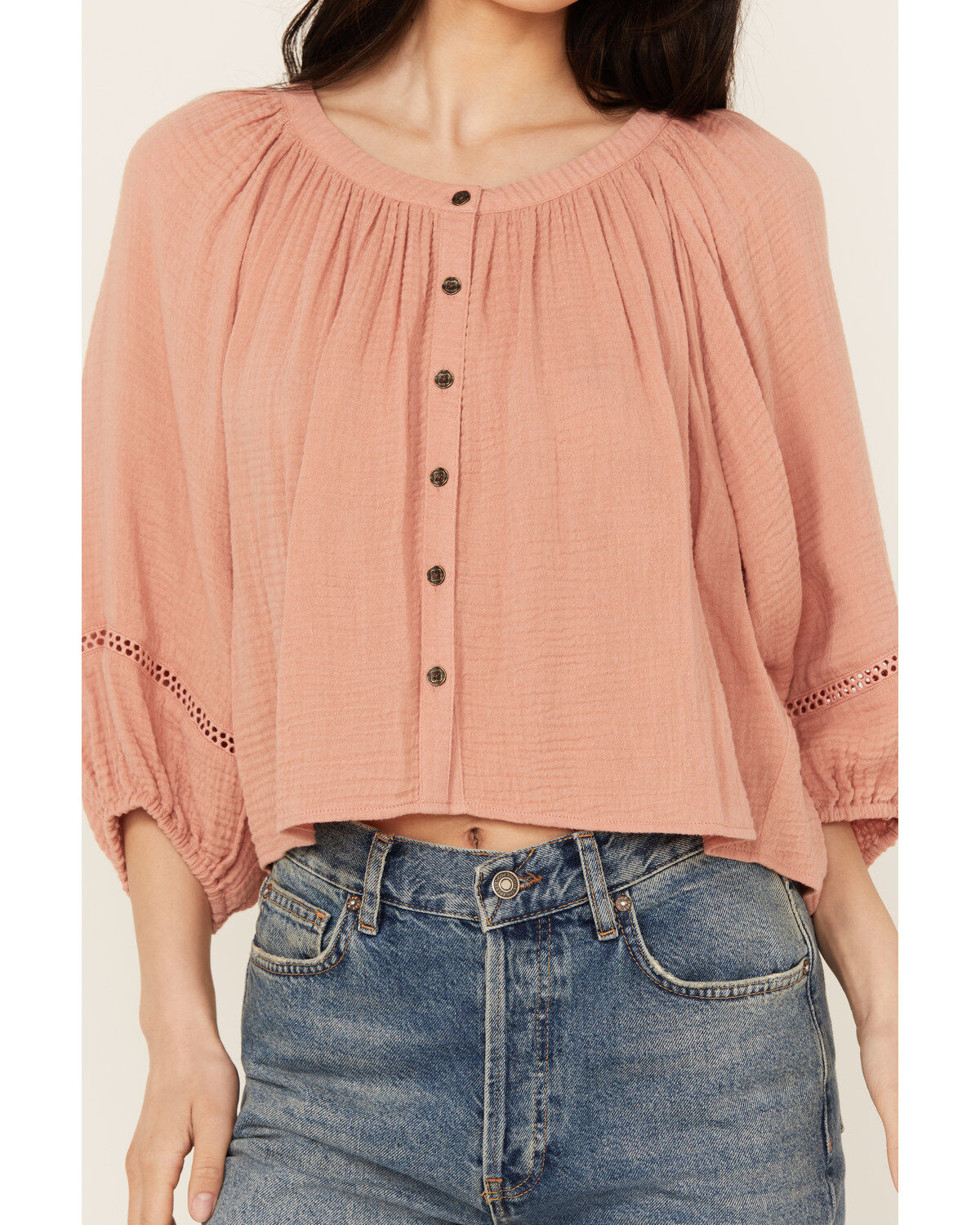 Cleo + Wolf Women's Brie Crochet Trim Long Sleeve Shirt