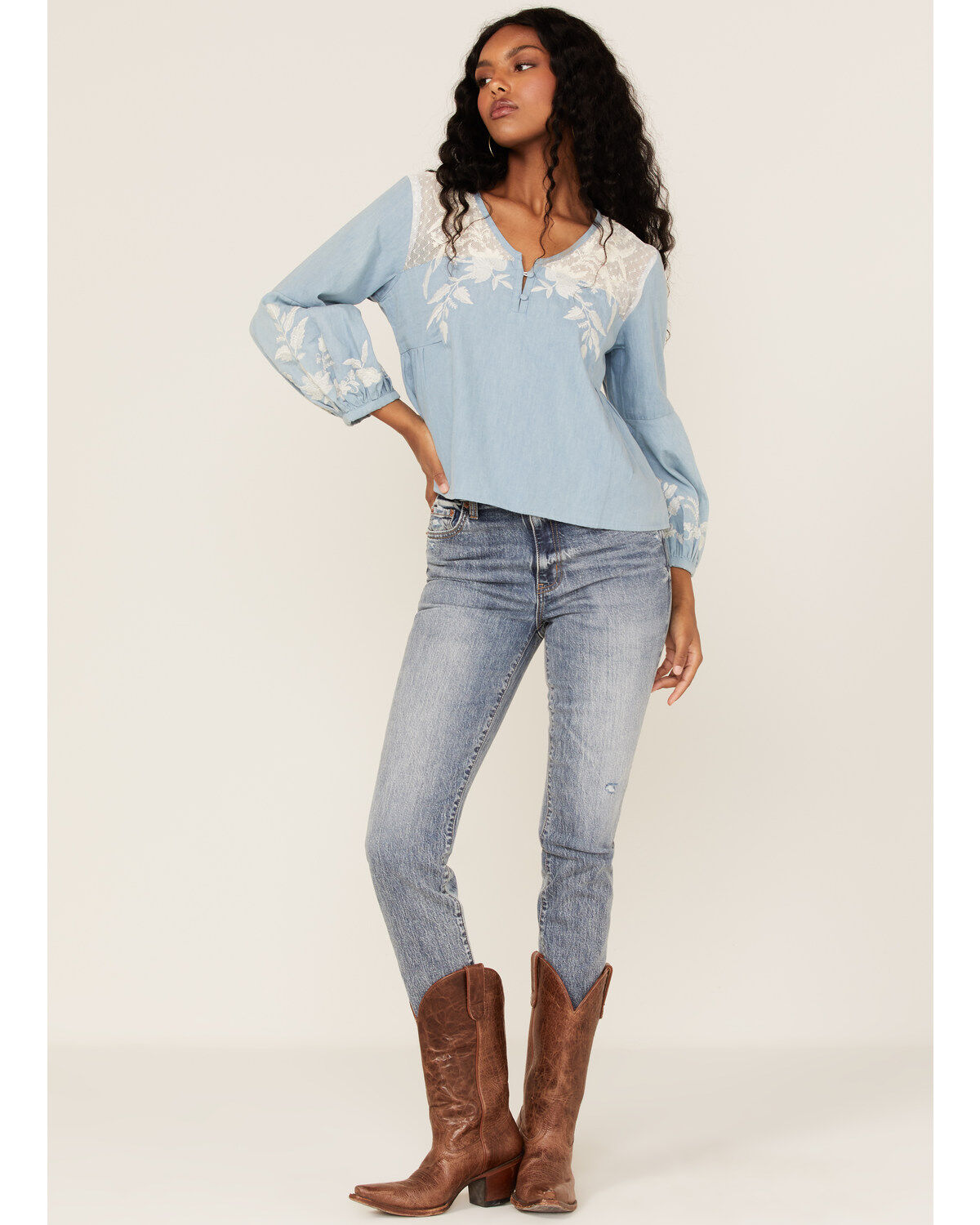 Roper Women's Denim Lace Embroidered Floral Peasant Top