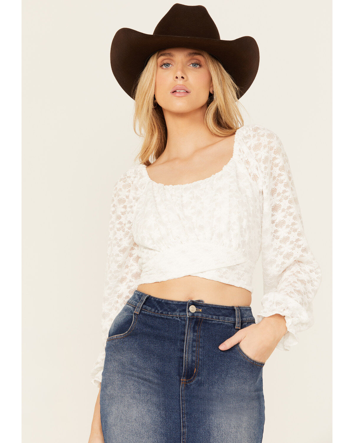 Beyond The Radar Women's Floral Lace Tie Back Long Sleeve Top