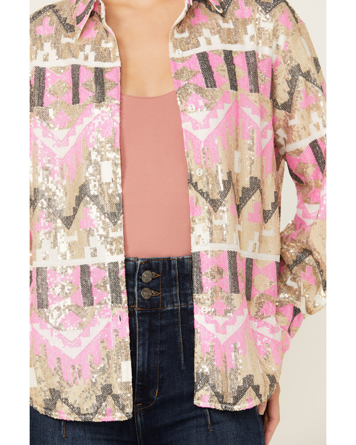 Mainstrip Women's Sequins Long Sleeve Button-Down Shacket