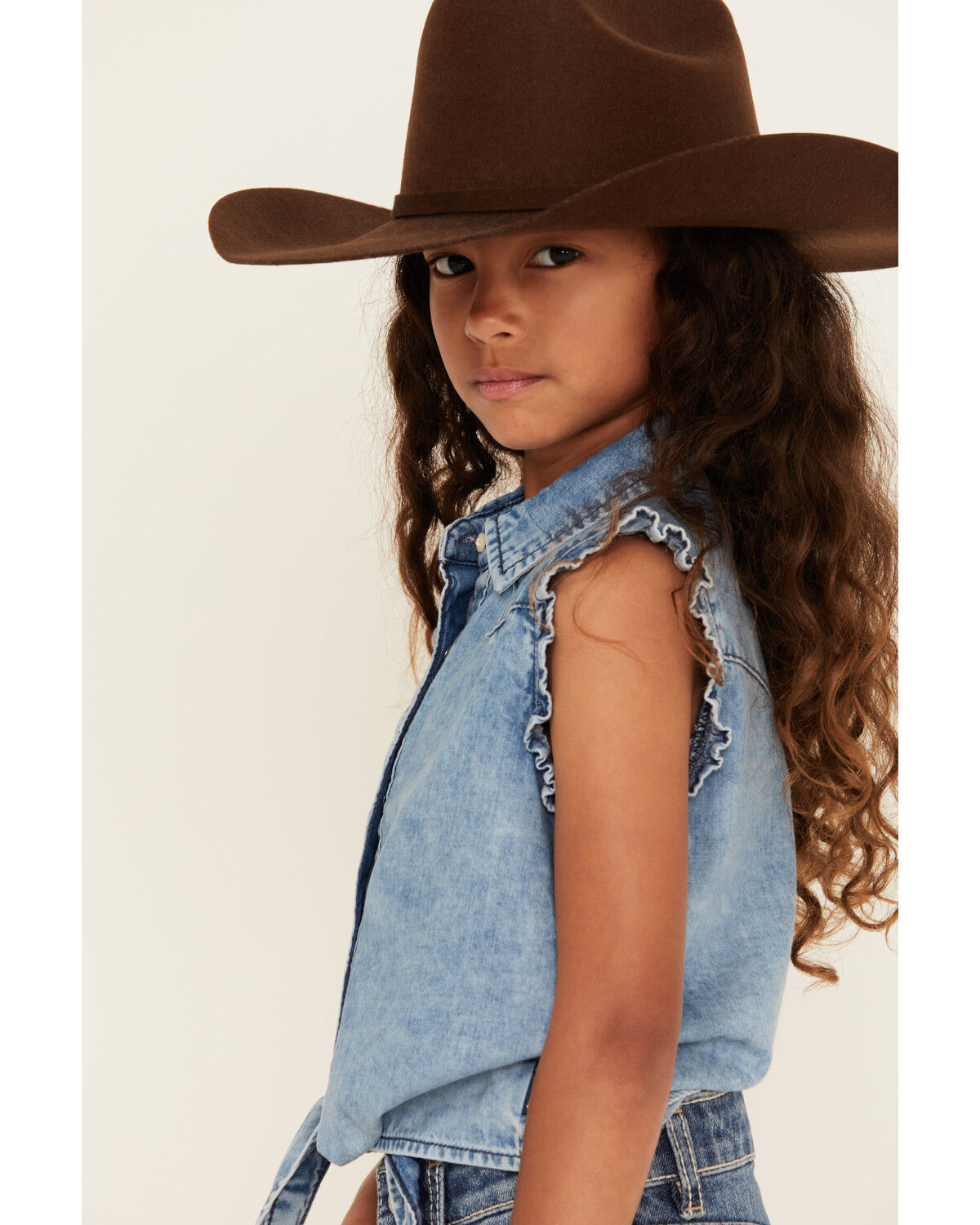 Wrangler Girls' Tie Front Sleeveless Pearl Snap Denim Shirt