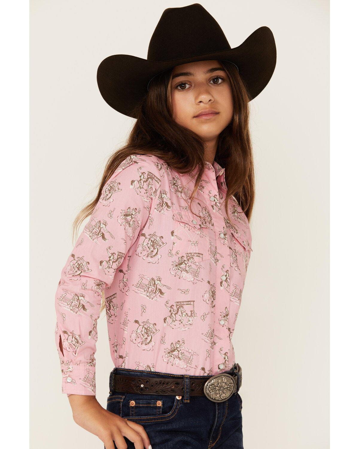 Panhandle Girls' Rodeo Print Long Sleeve Pearl Snap Western Shirt