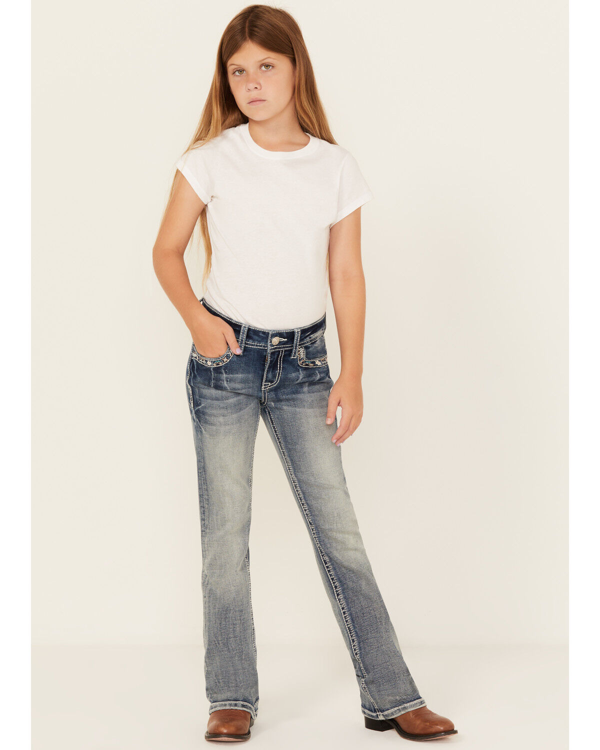 Grace In LA Girls' Double Horseshoe Embroidered Bootcut Stretch Denim Jeans