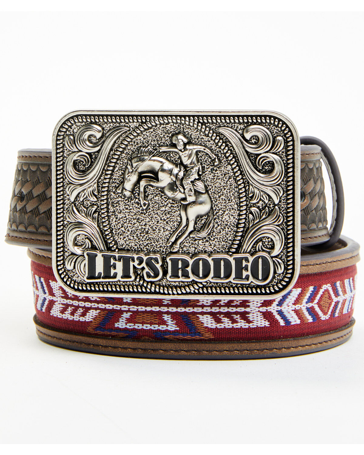 Cody James Boys' Rodeo Buckle Southwestern Woven Inlay Leather Belt