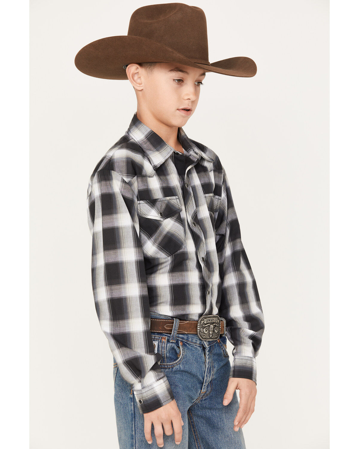 Roper Boys' Plaid Print Long Sleeve Snap Western Shirt