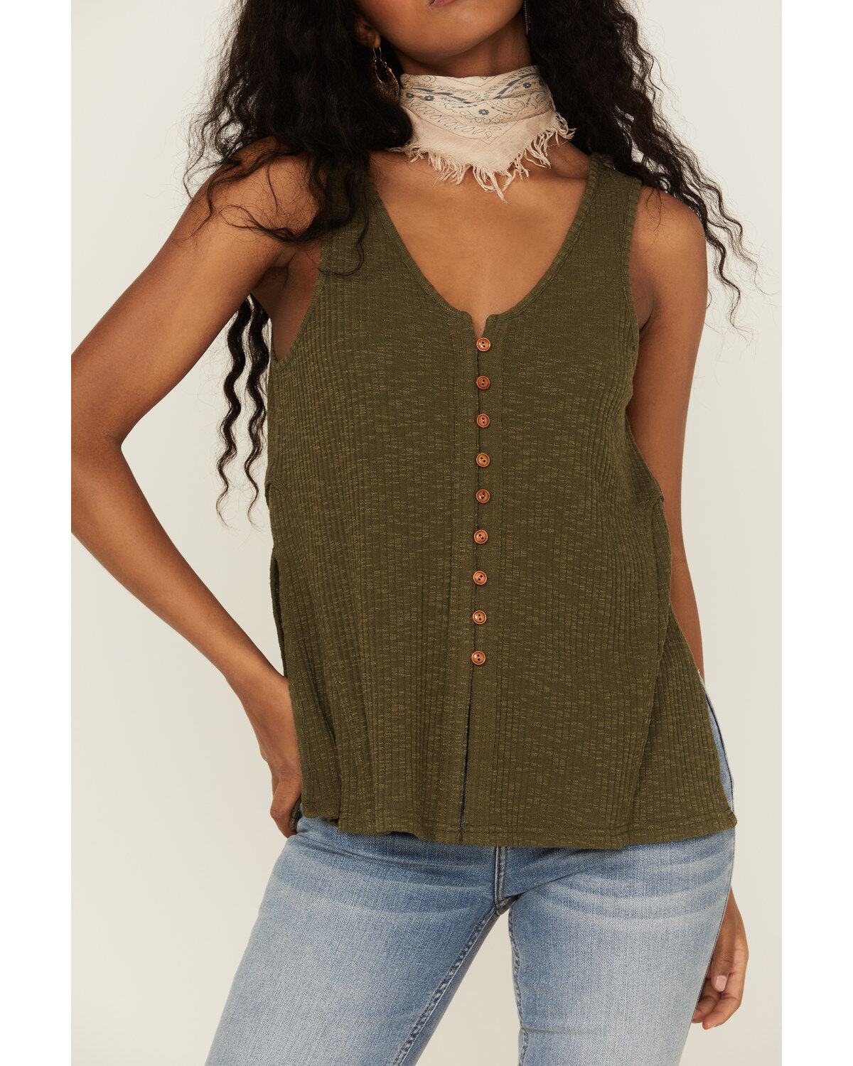 Cleo + Wolf Women's Olive Relaxed Button Front Slub Tank