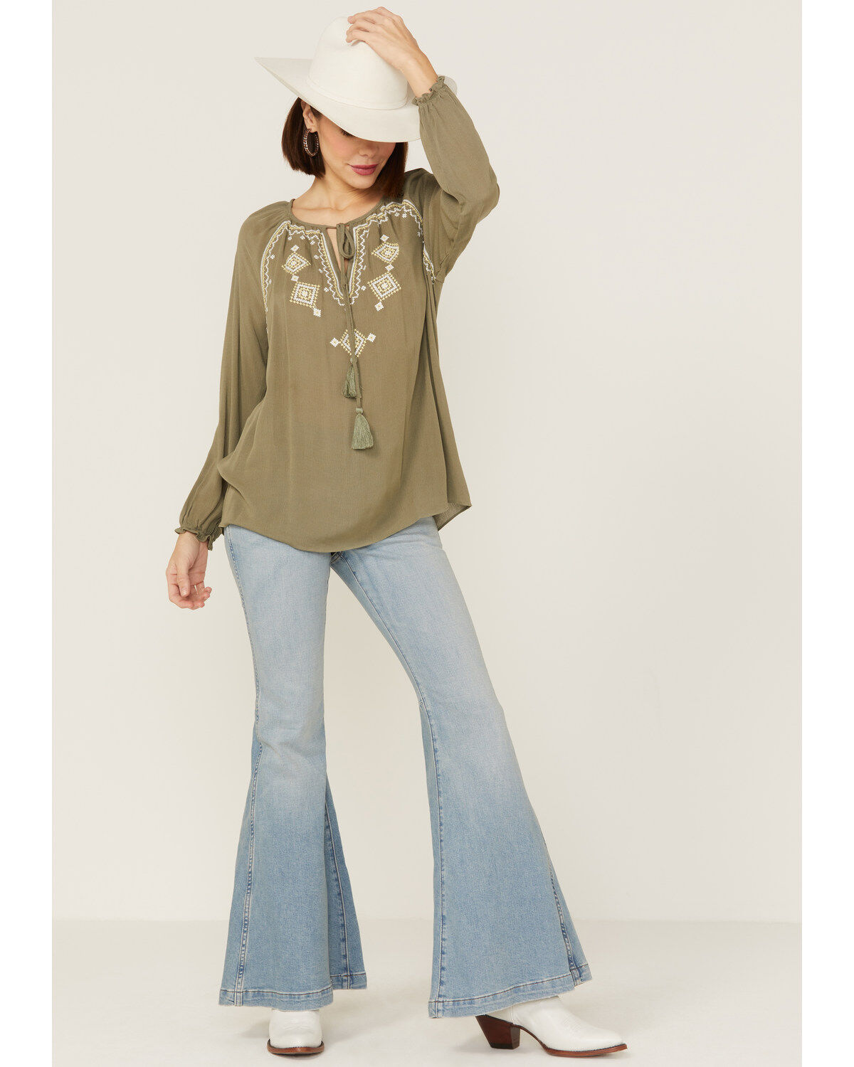 Miss Me Women's Olive Embroidered Southwestern Tassel Top