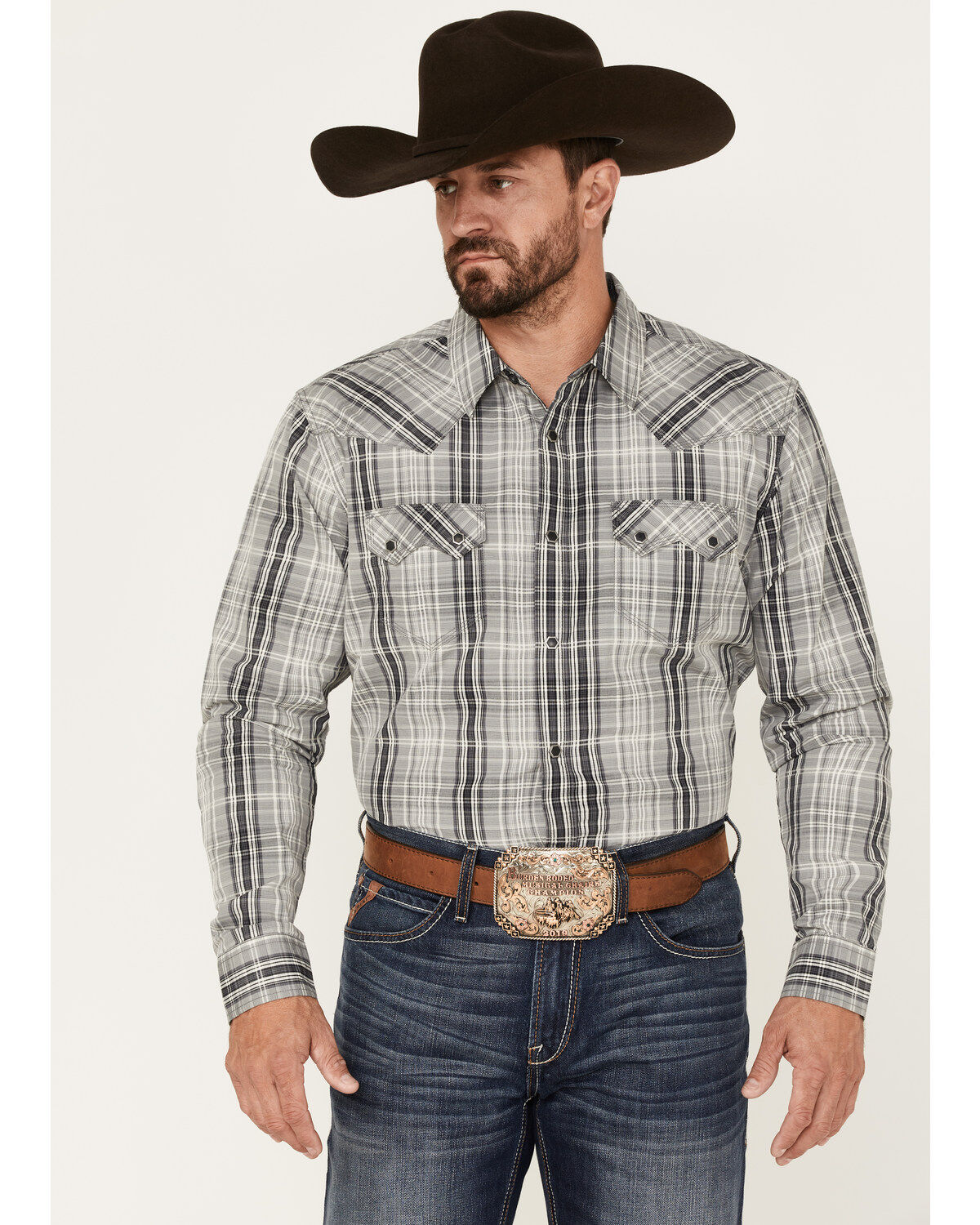 Moonshine Spirit Men's Tuning Fork Plaid Print Long Sleeve Snap Western Shirt