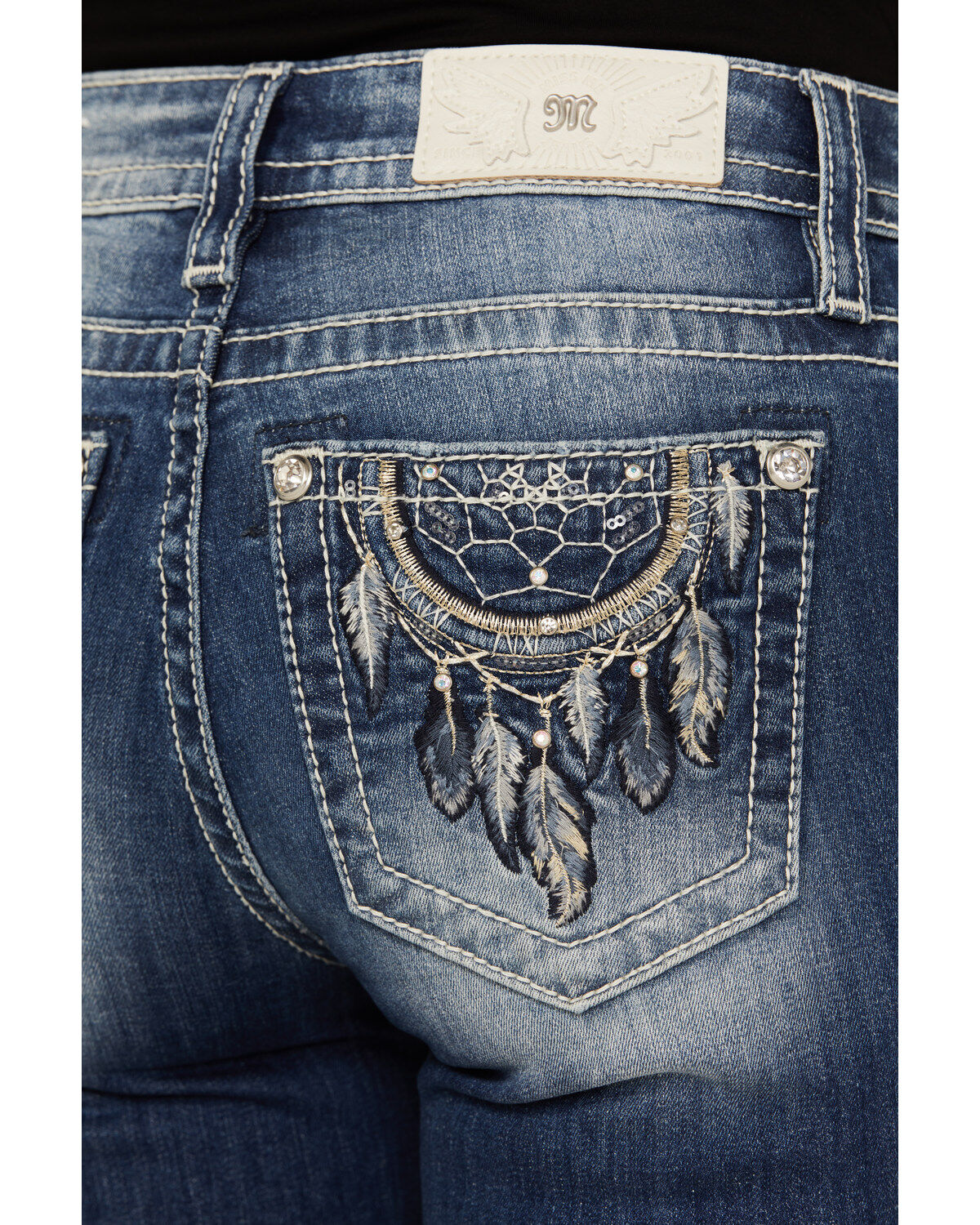 Miss Me Women's Medium Wash Dream Catcher Pocket Mid Rise Bootcut Stretch Denim Jeans