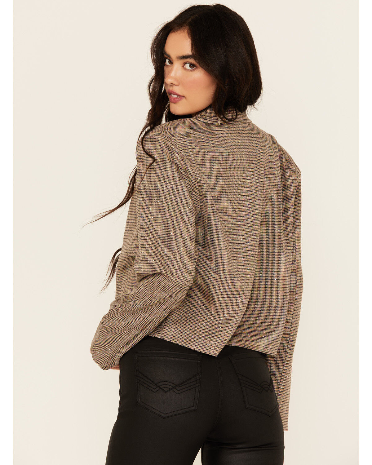 Mystree Women's Plaid Print Rhinestone Cropped Blazer