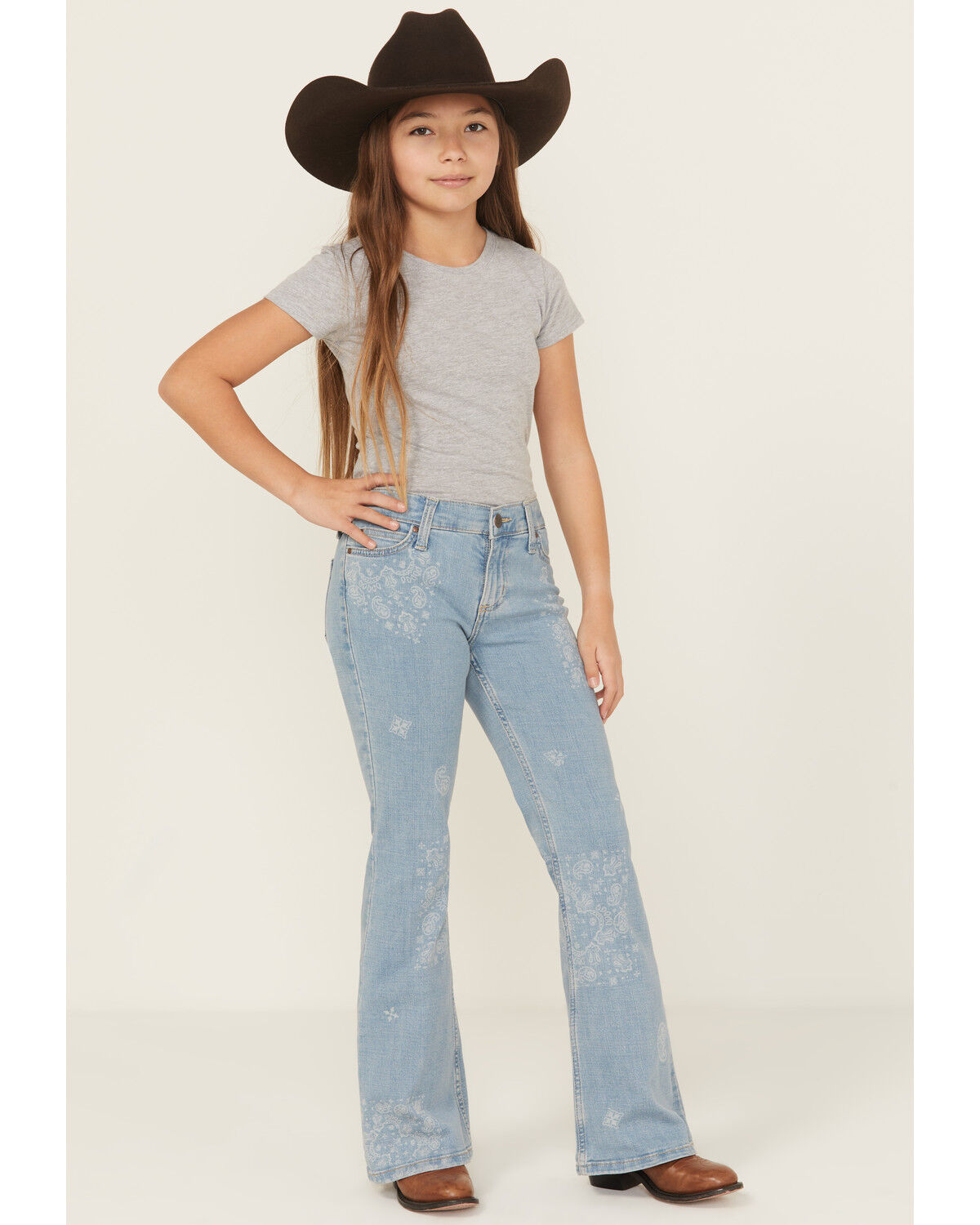 Wrangler Girls' Light Wash Paisley Print Bootcut Stretch Denim Jeans