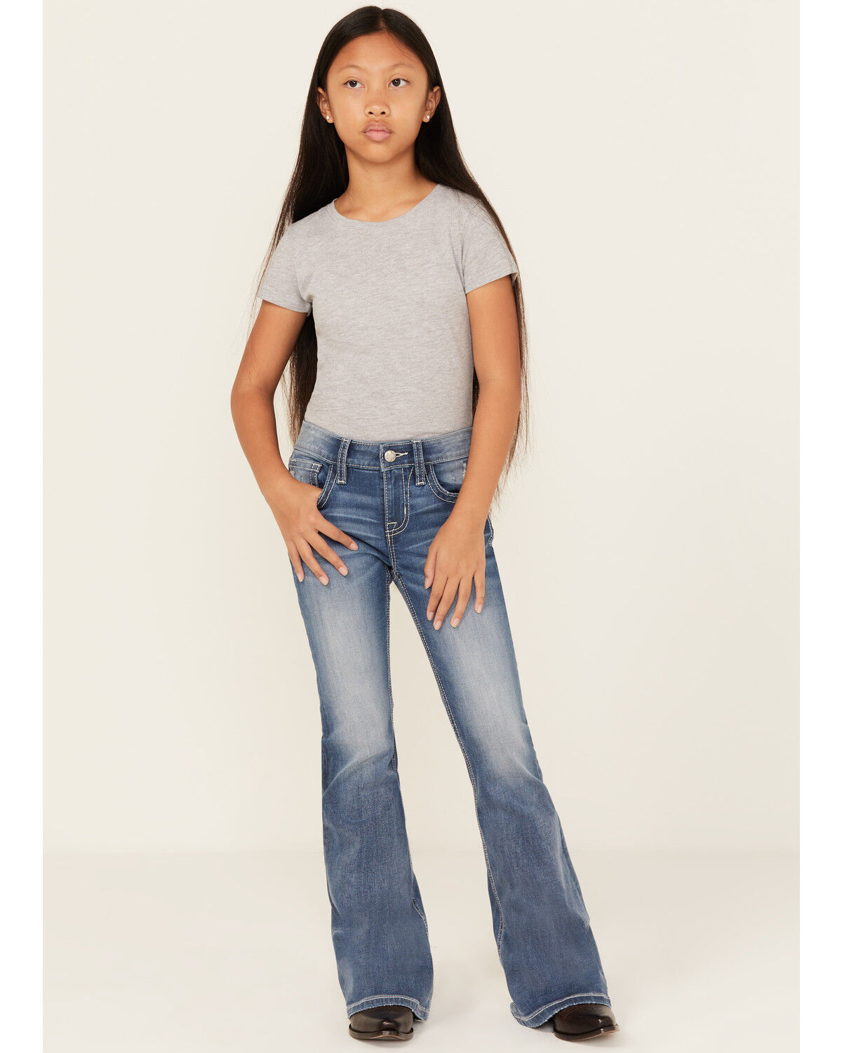 Miss Me Girls' Light Wash Wing Pocket Bootcut Stretch Denim Jeans