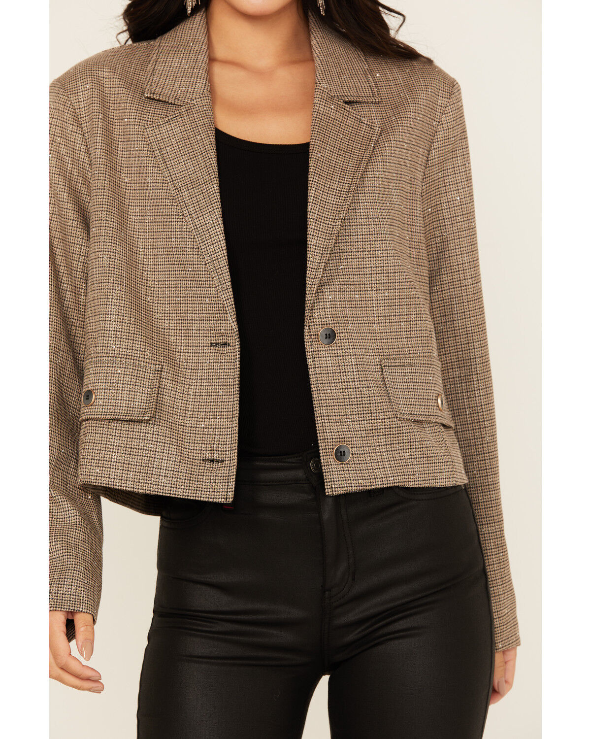 Mystree Women's Plaid Print Rhinestone Cropped Blazer