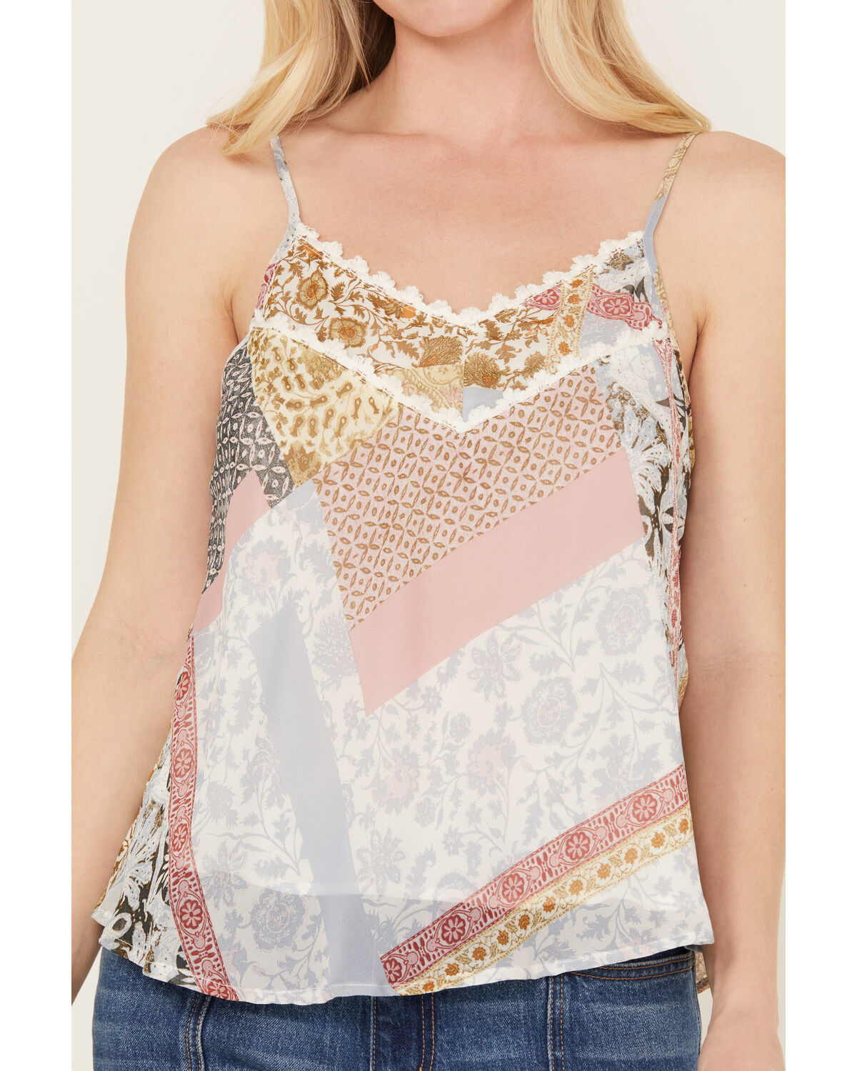 Wild Moss Women's Patchwork Print Crochet Trim Top