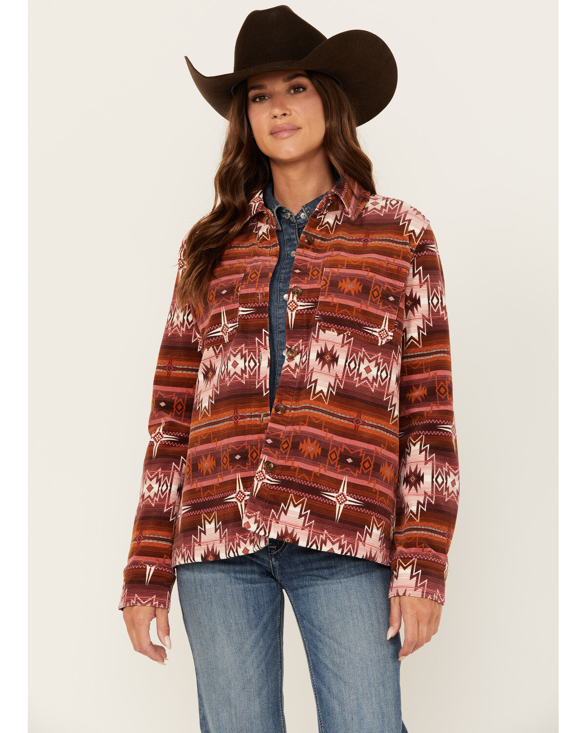 Shyanne Women's Southwestern Striped Print Corduroy Barn Shacket