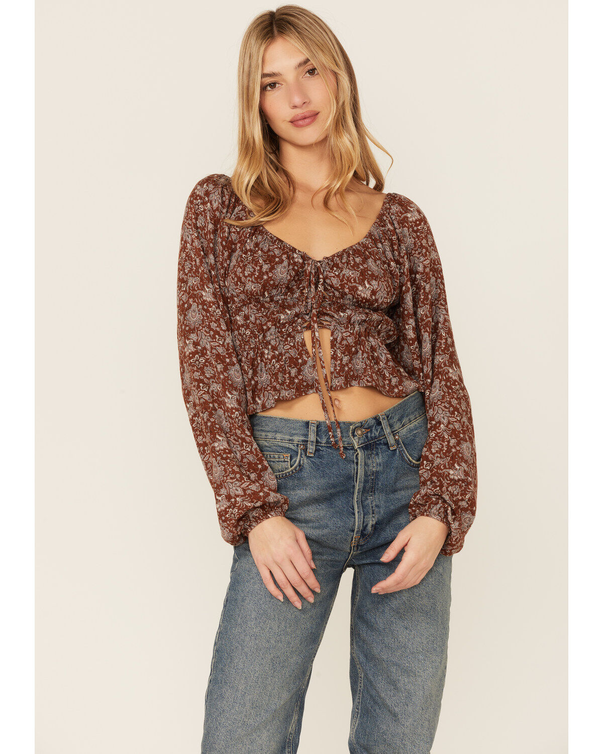 Wild Moss Long Sleeve Tie Front Ranched Floral Top
