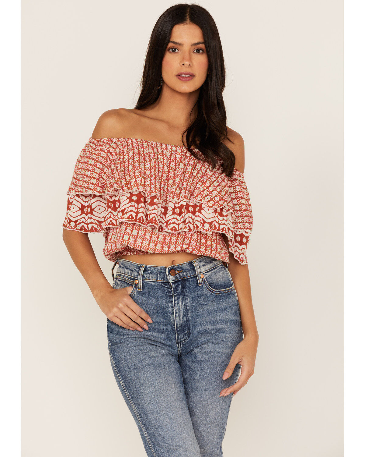 Talisman Women's Road Trip Print Ruffle Off-Shoulder Cropped Top
