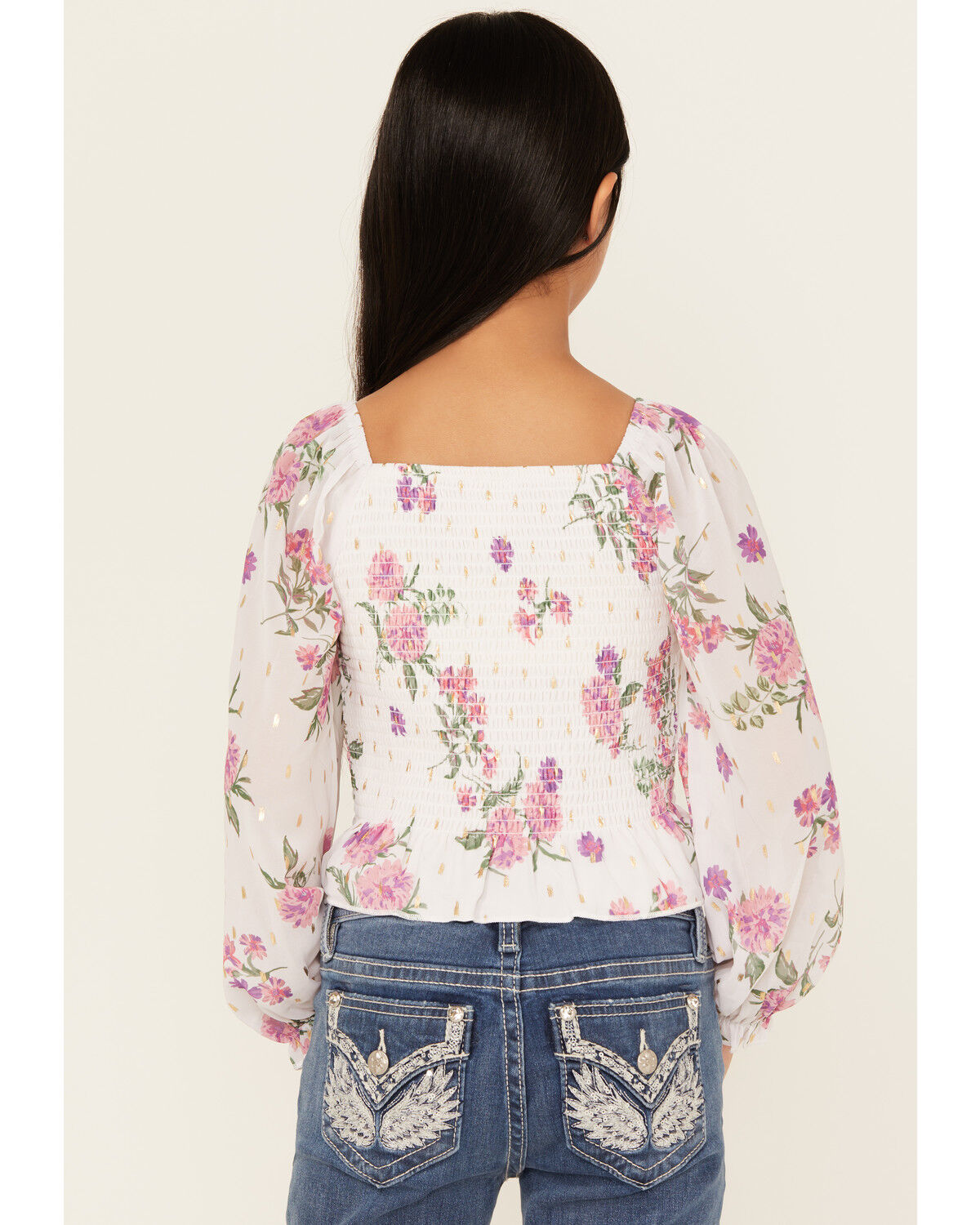 Sugar California Girls' Floral Printed Long Sleeve Smocked Shirt