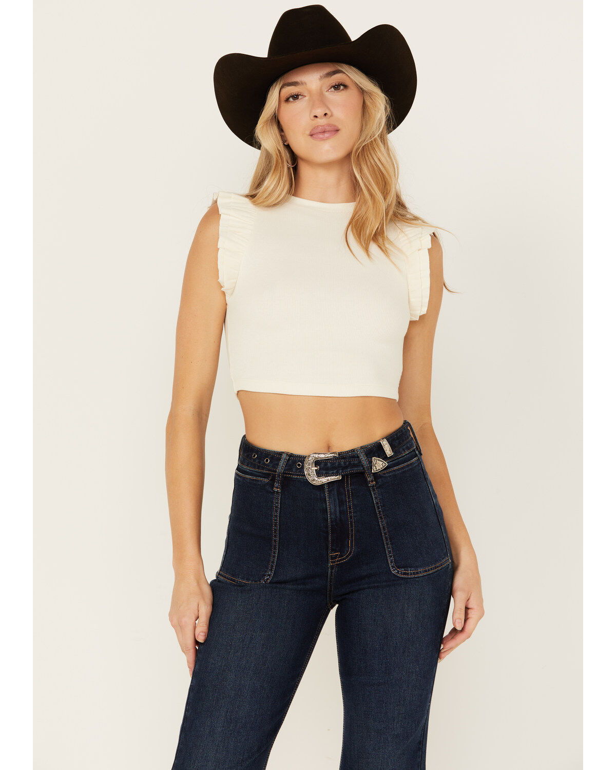 Shyanne Women's Ruffle Sleeve Ribbed Cropped Top