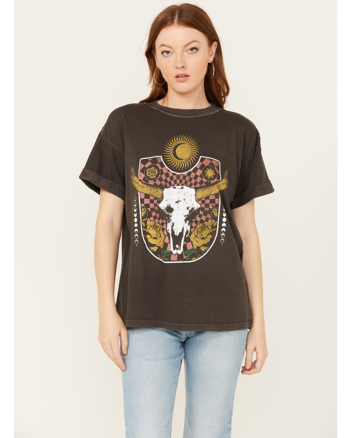 Girl Dangerous Women's Steer Head Rose Relaxed Short Sleeve Graphic Tee