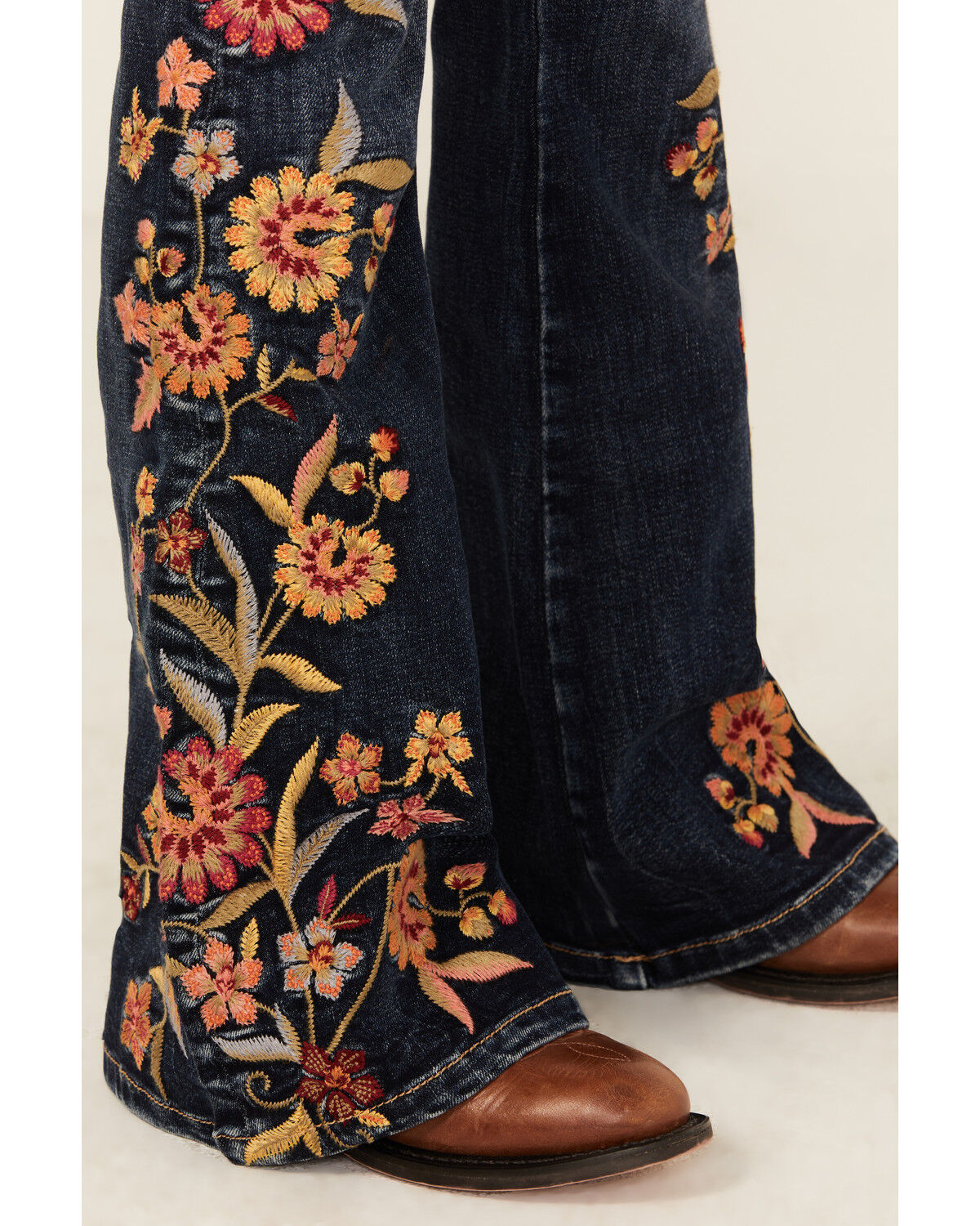 Grace in LA Girls' Dark Wash Floral Embroidery Flare Stretch Denim Jeans