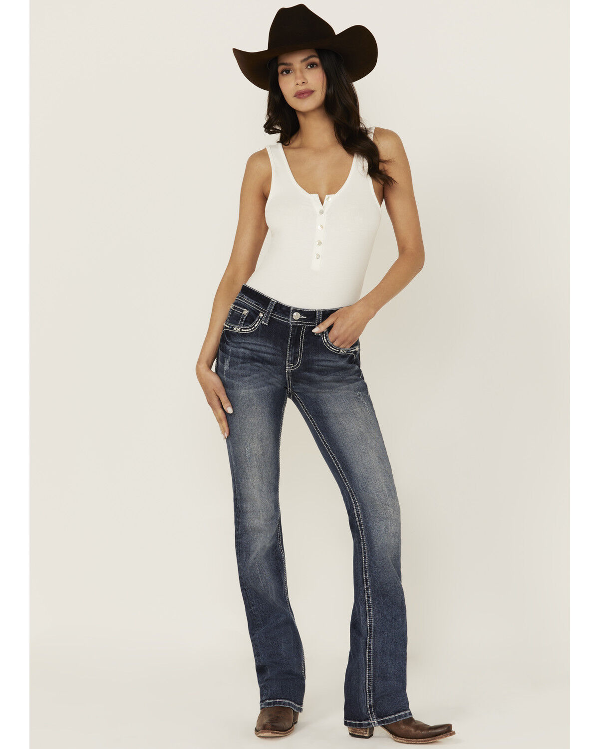 Grace in LA Women's Medium Wash Mid Rise Geo Pocket Bootcut Stretch Denim Jeans