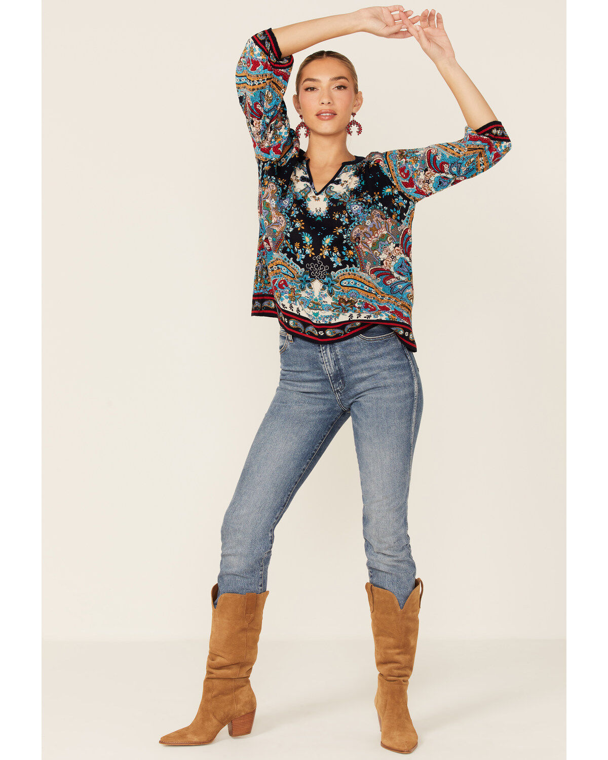 Bila Women's Boho Border Print V-Neckline Top