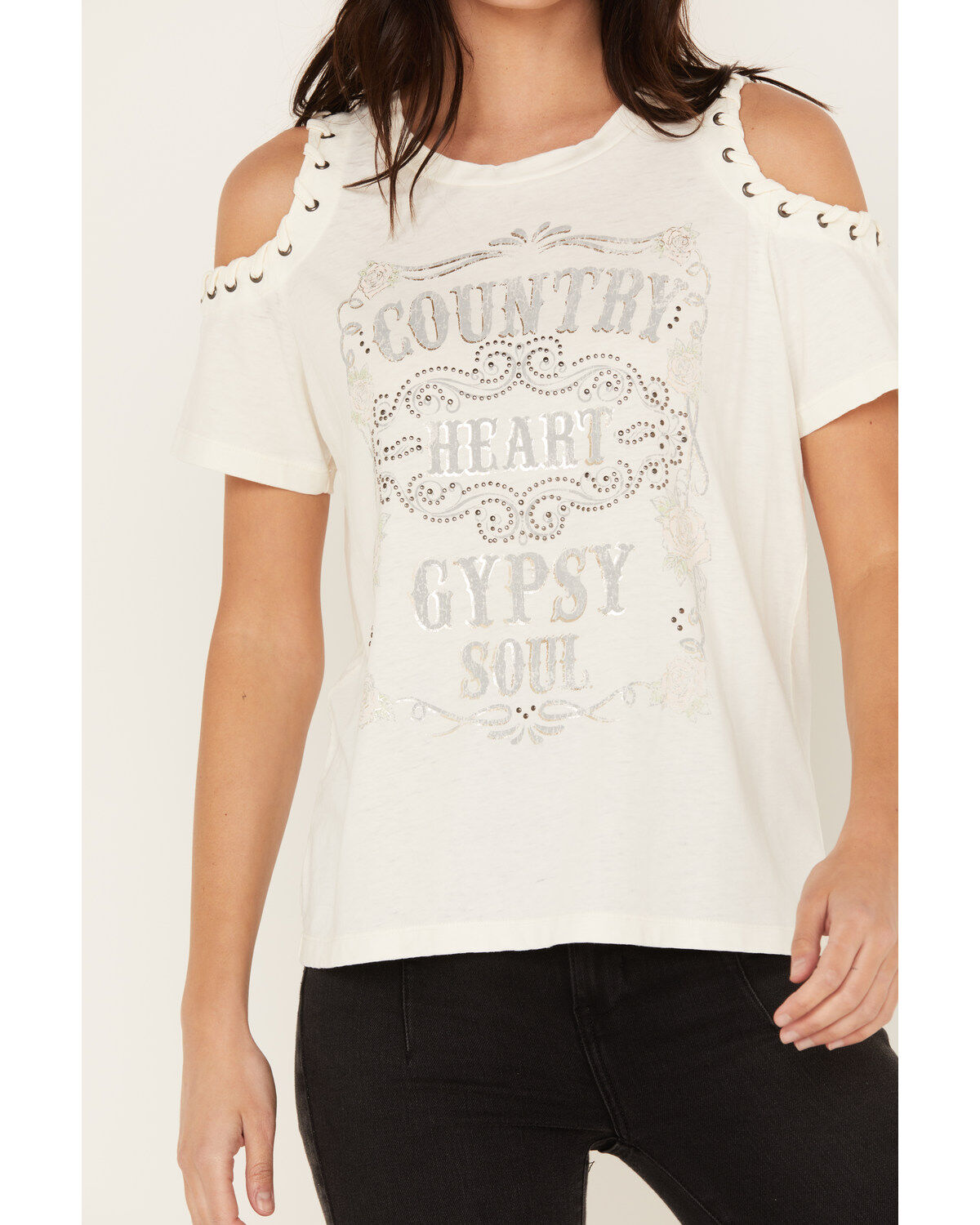 Blended Women's Cold Shoulder Country Heart Short Sleeve Graphic Tee