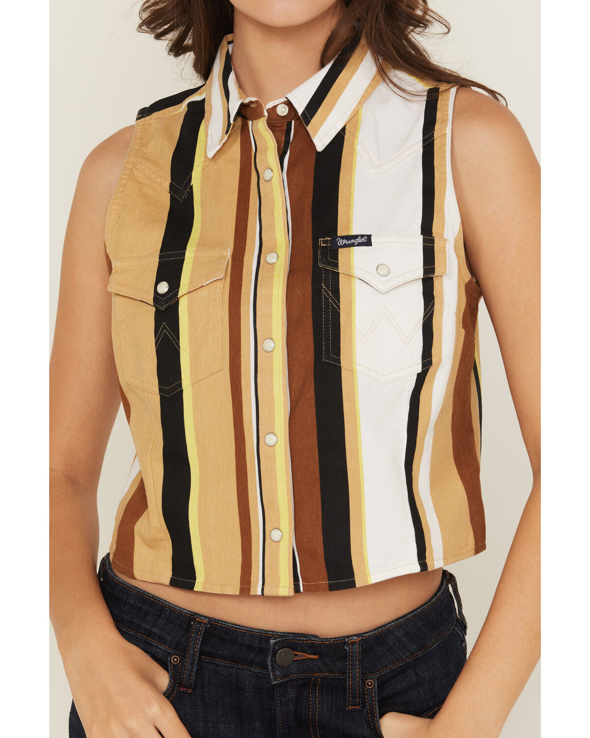 Wrangler Retro Women's Striped Print Sleeveless Snap Cropped Western Shirt