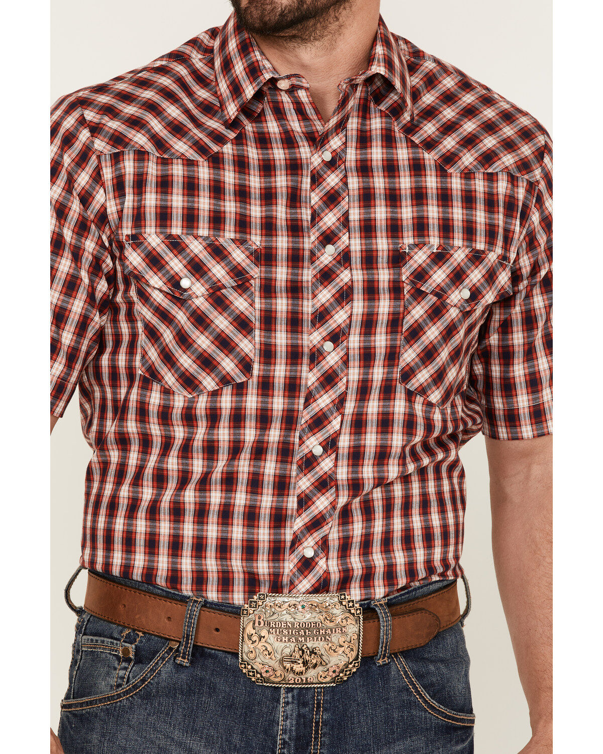 Roper Men's Classic Small Plaid Short Sleeve Pearl Snap Western Shirt