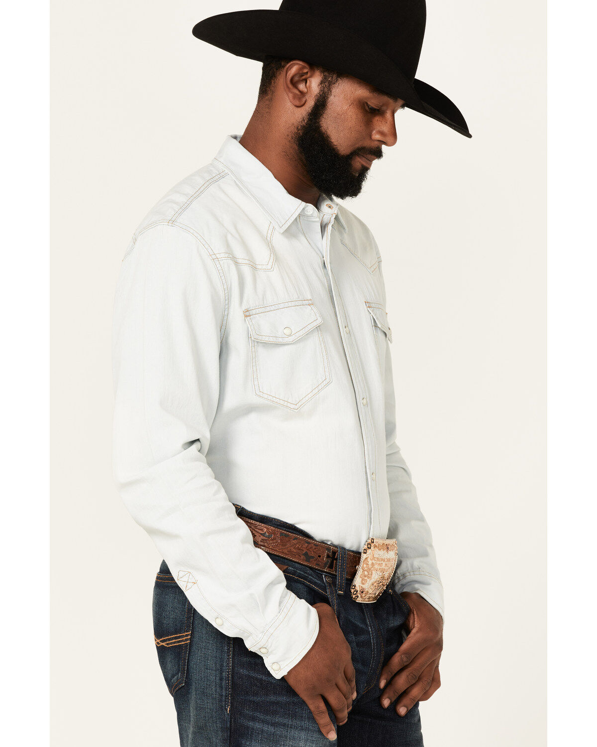 Cody James Men's Fort Summer Light Wash Long Sleeve Pearl Snap Western Denim Shirt