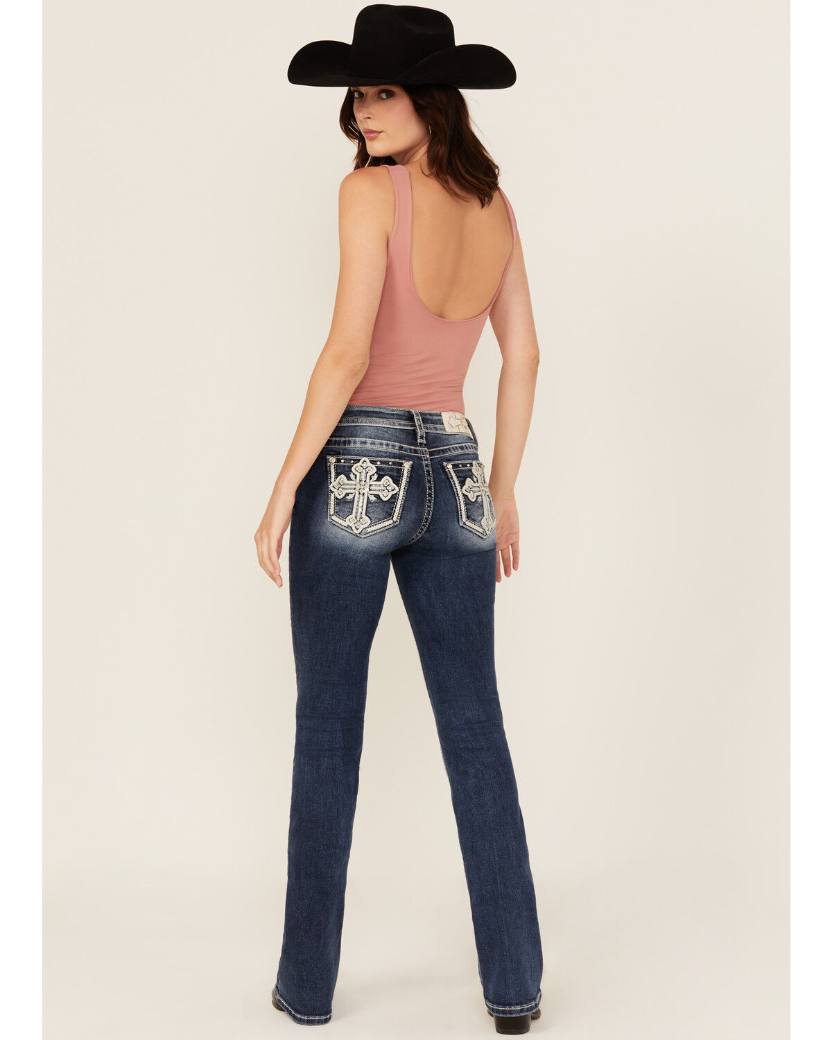Miss Me Women's Dark Wash Mid Rise Cross Pocket Bootcut Stretch Denim Jeans