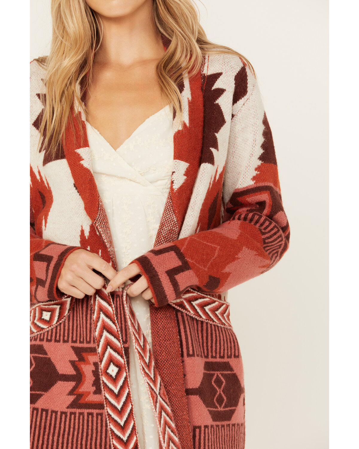 Shyanne Women's Long Southwestern Print Belted Sweater