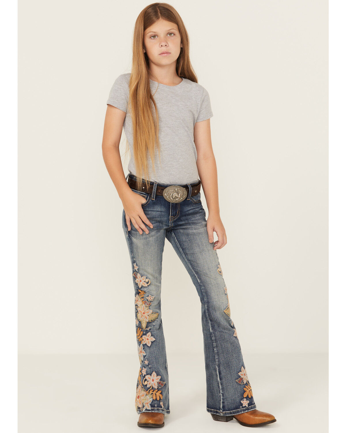 Grace In LA Girls' Light Wash Floral Embroidered Flare Stretch Denim Jeans