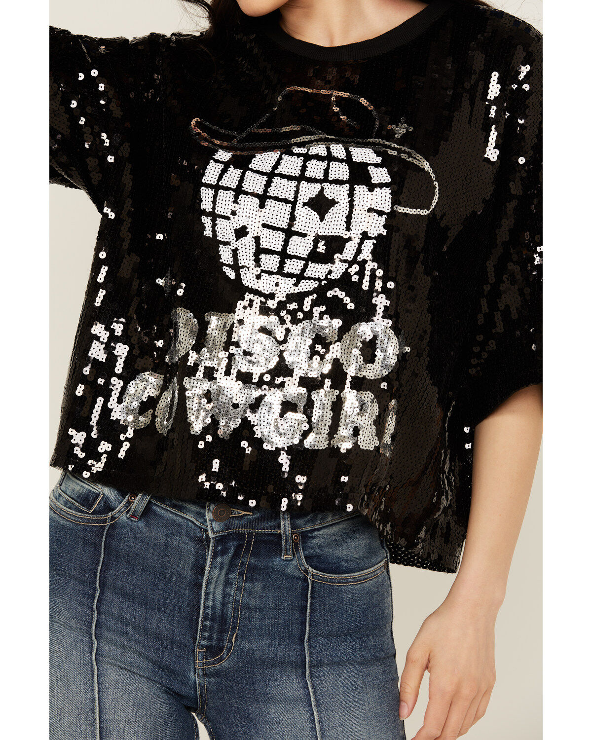 Mainstrip Women's Disco Cowgirl Sequins Short Sleeve Graphic Tee