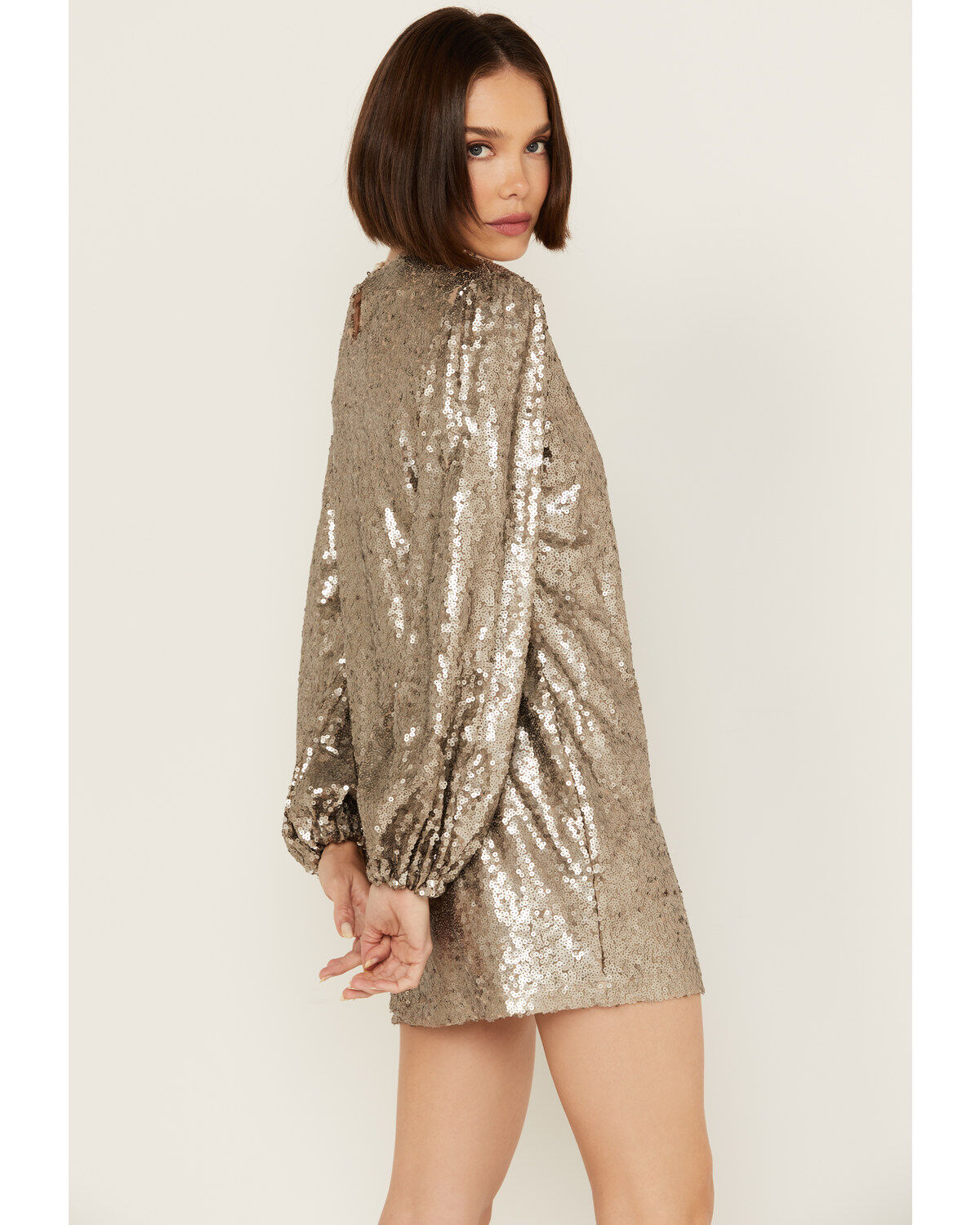 Rock & Roll Denim Women's Sequin Puff Long Sleeve Mini Dress