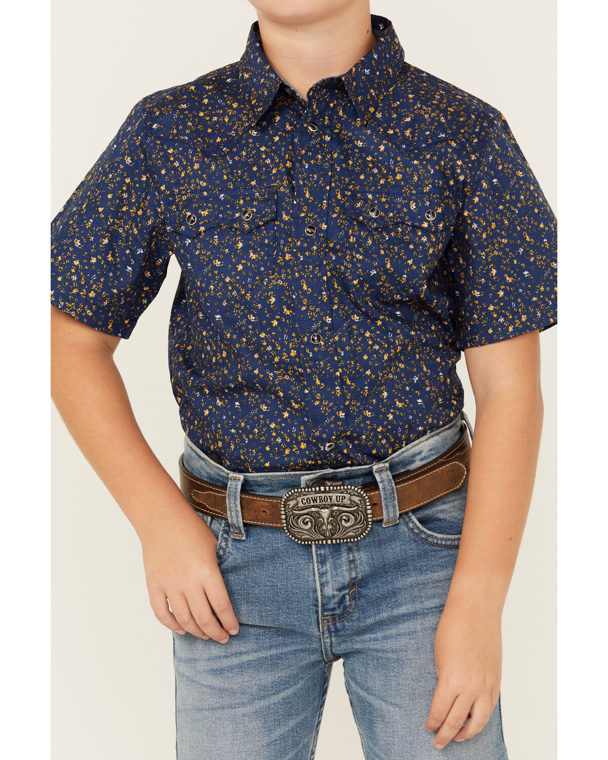Cody James Boys' Meadowlark Floral Print Short Sleeve Snap Western Shirt