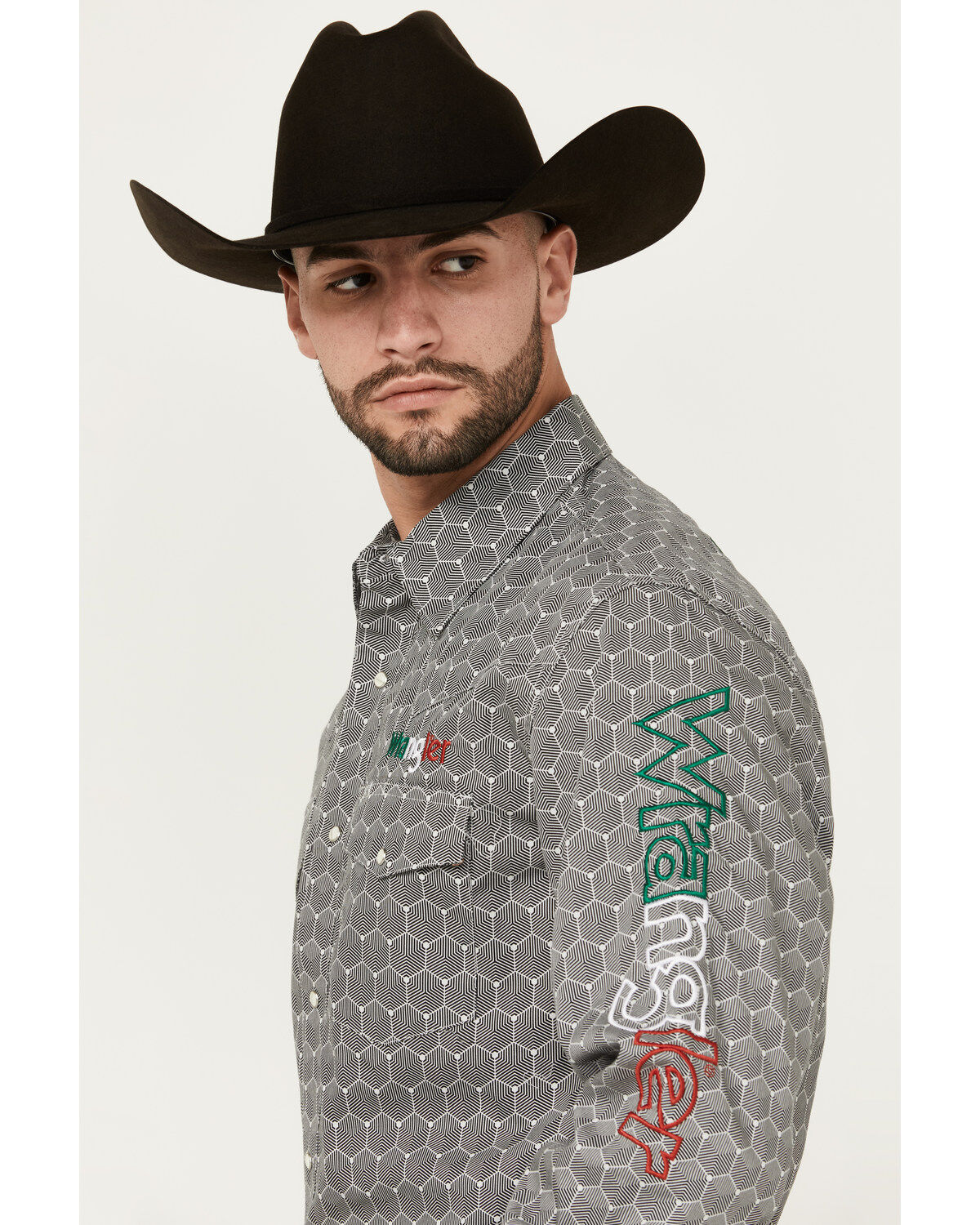 Wrangler Men's Mexico Logo Geo Print Long Sleeve Snap Western Shirt
