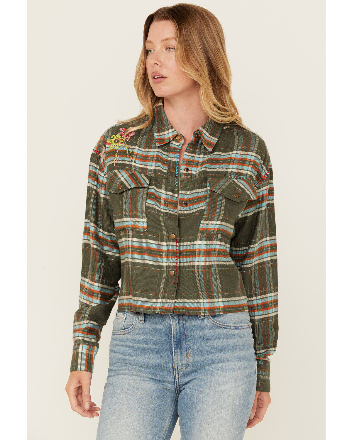 Cleo + Wolf Women's Corrie Plaid Print Embroidered Long Sleeve Snap Cropped Shirt