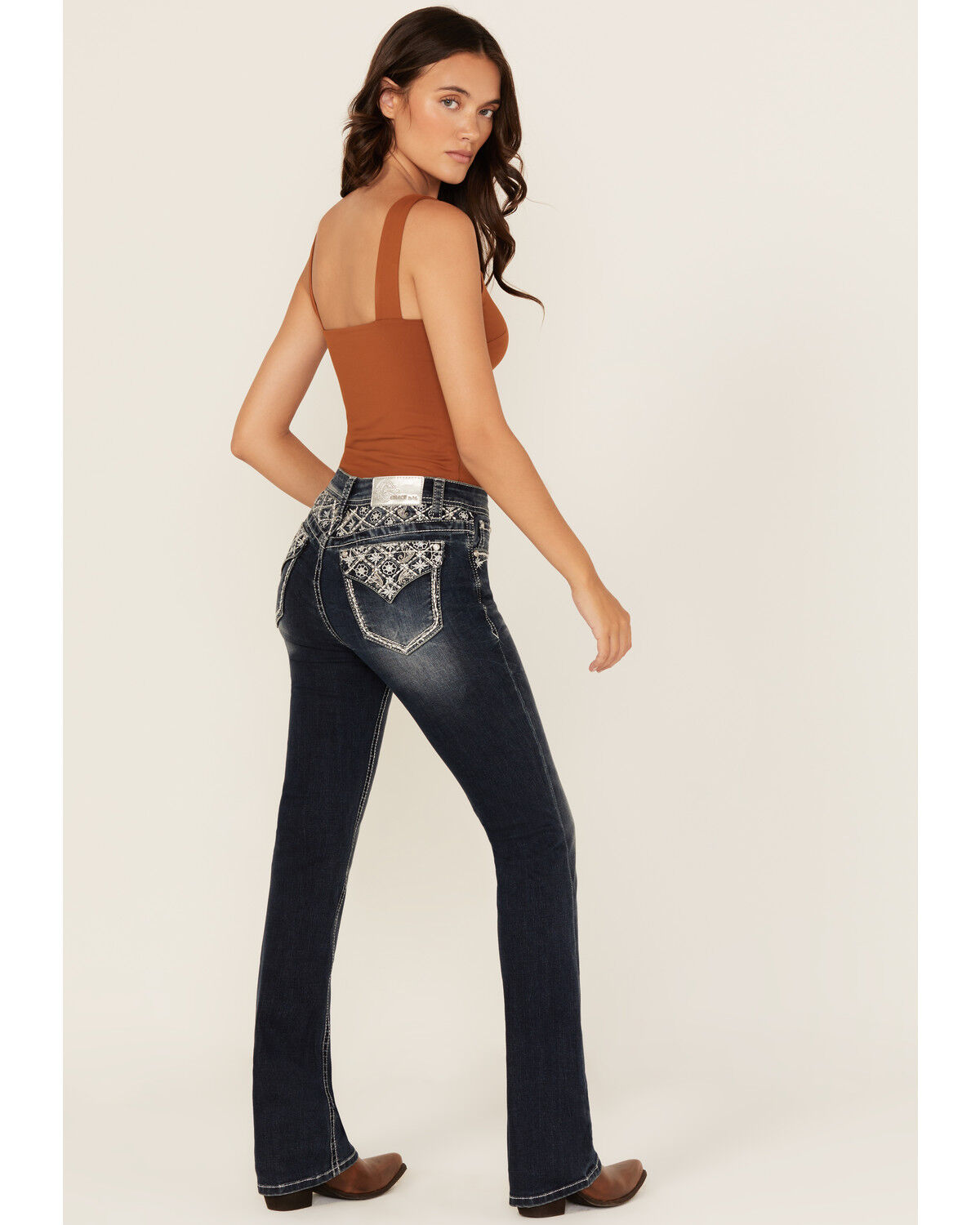 Grace In LA Women's Dark Wash Floral Paisley Embroidered Mid Rise Bootcut Stretch Denim Jeans